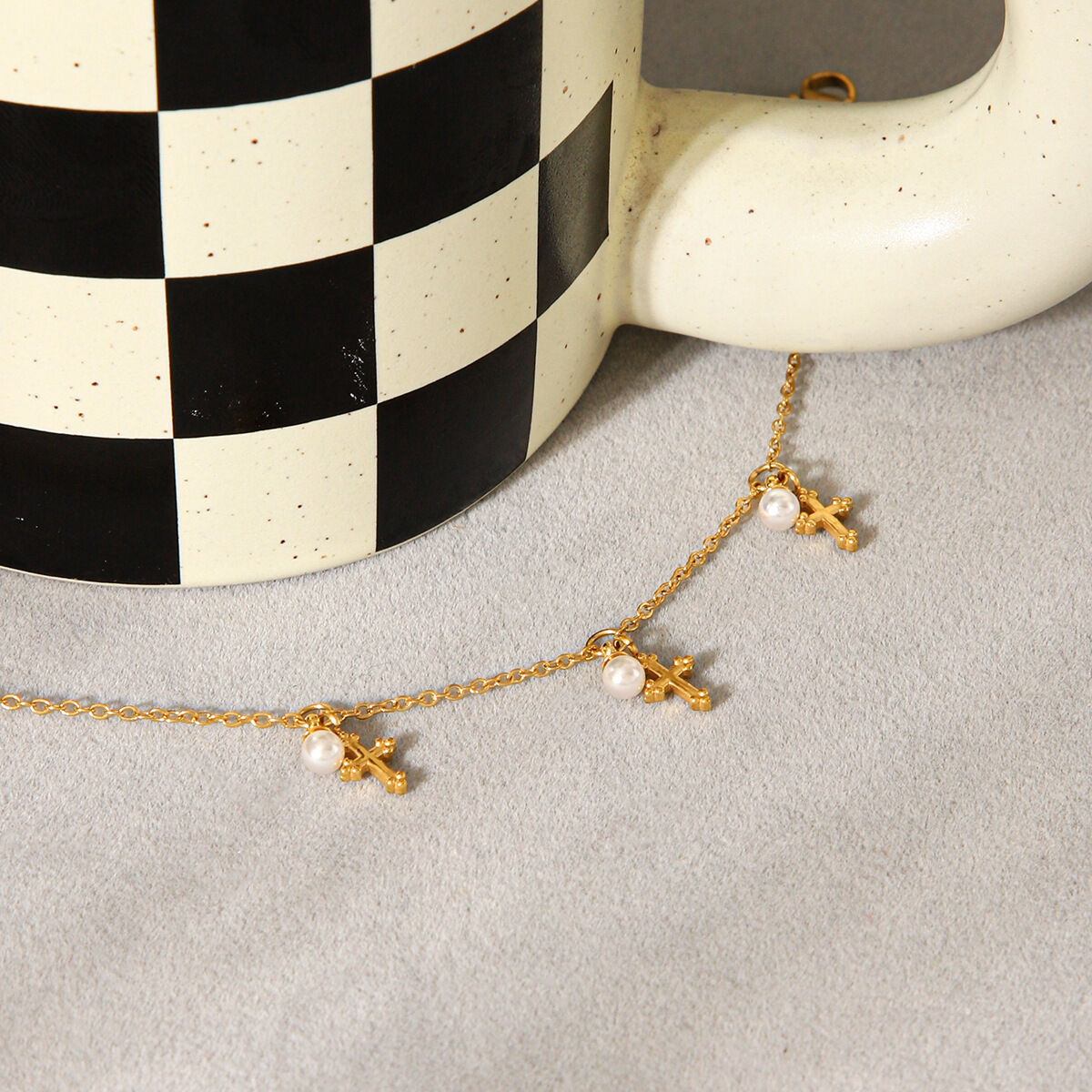 1 Piece Cross Stainless Steel Waterproof Gold Color Pearl Charm Bracelet thumbnail 3
