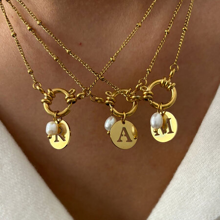 1 Piece Letter Stainless Steel Waterproof Gold Color Pearl Pendant Necklace 2