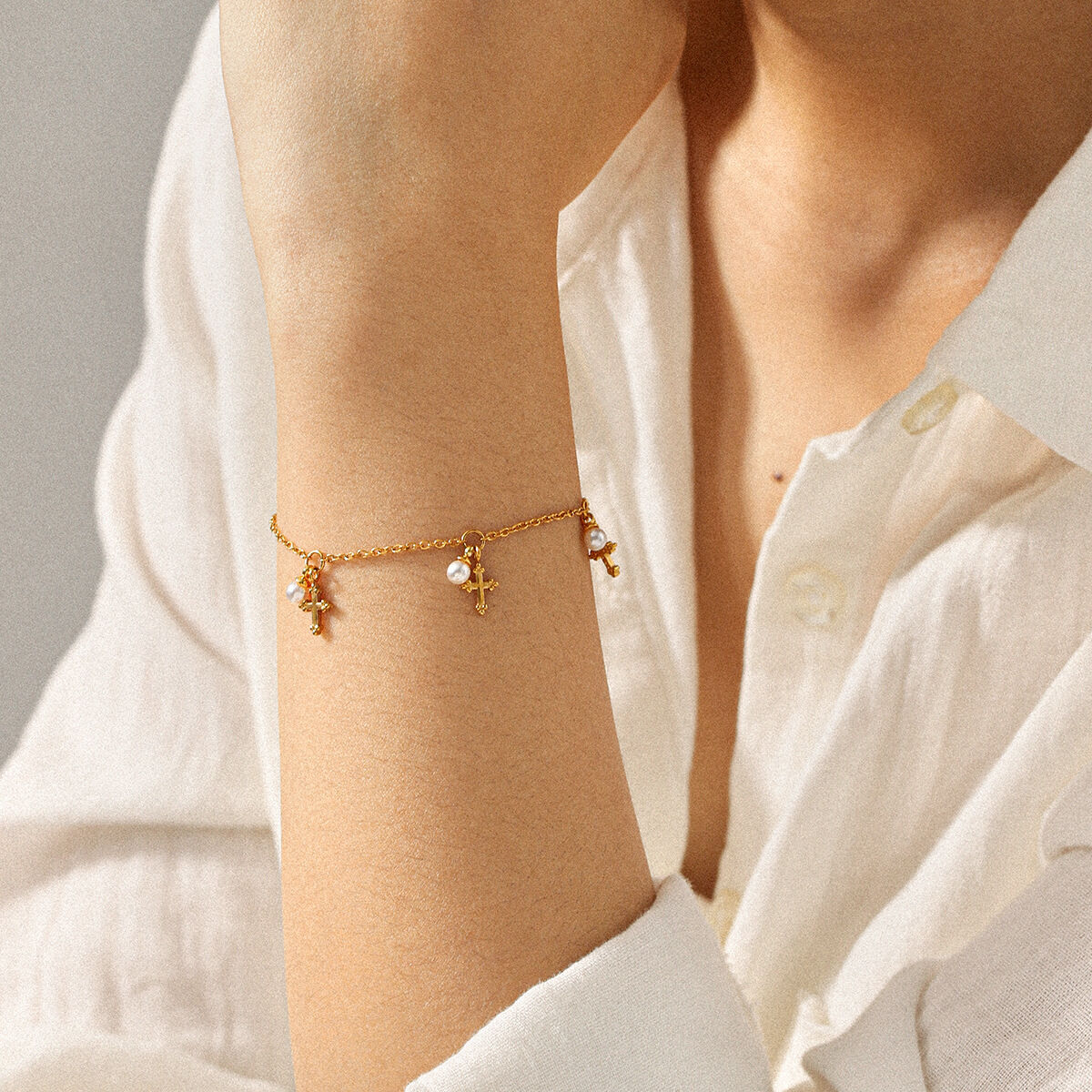 1 Piece Cross Stainless Steel Waterproof Gold Color Pearl Charm Bracelet thumbnail 4