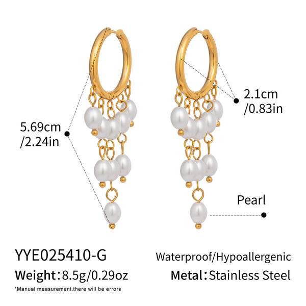 1 Pair Elegant Tassel Stainless Steel Waterproof Gold Color Pearl Beads Earrings - 1