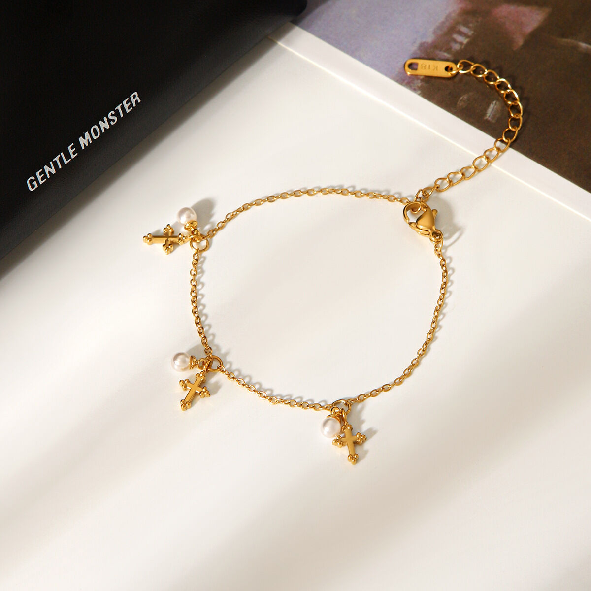 1 Piece Cross Stainless Steel Waterproof Gold Color Pearl Charm Bracelet thumbnail 5