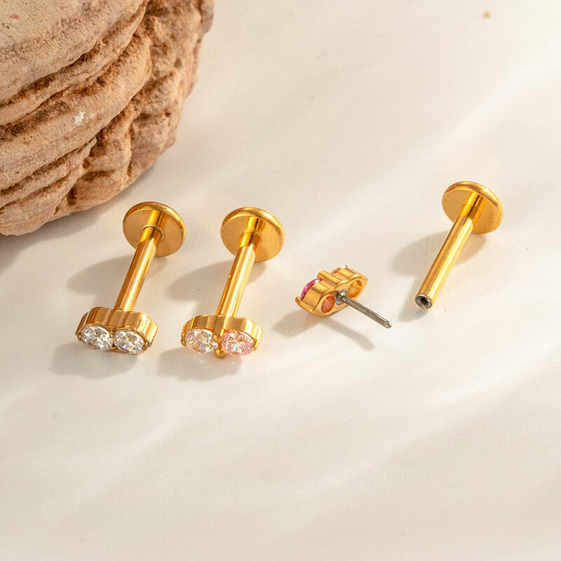 Double Round Titanium Alloy Gold Color Zircon Women's Piercing Earrings thumbnail 4