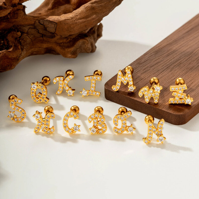 Classic Letter Copper Gold Color Zircon Women's Piercing Earrings thumbnail 5