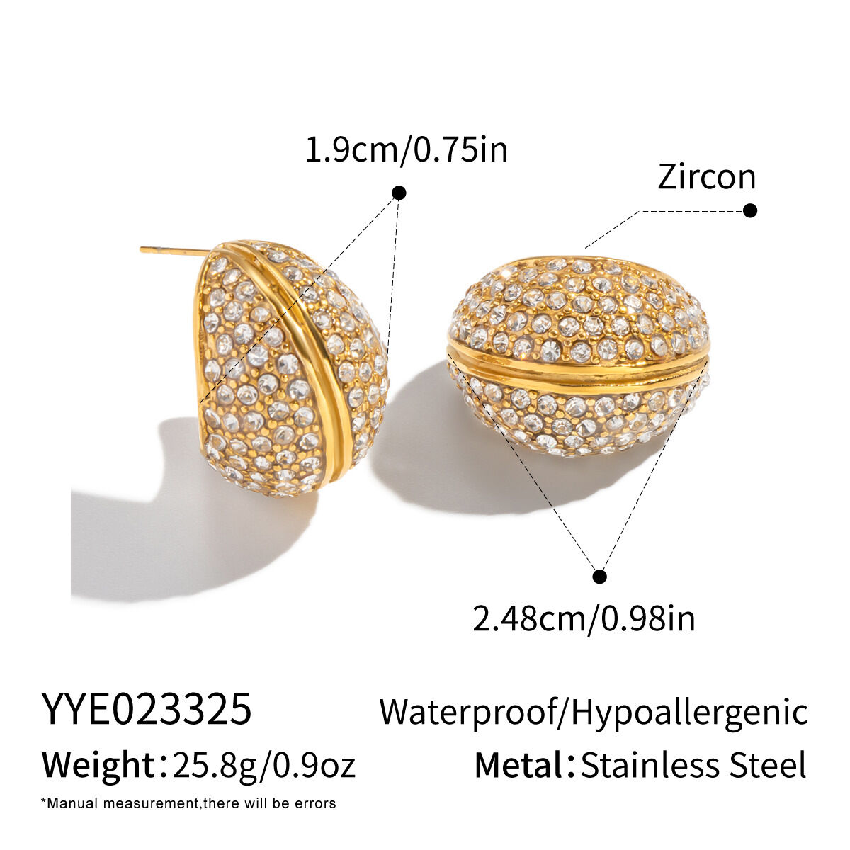 1 Pair Luxurious Stainless Steel Waterproof Gold Color  Rhinestone Stud Earrings