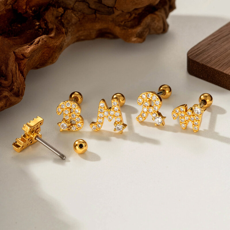 Classic Letter Copper Gold Color Zircon Women's Piercing Earrings thumbnail 4