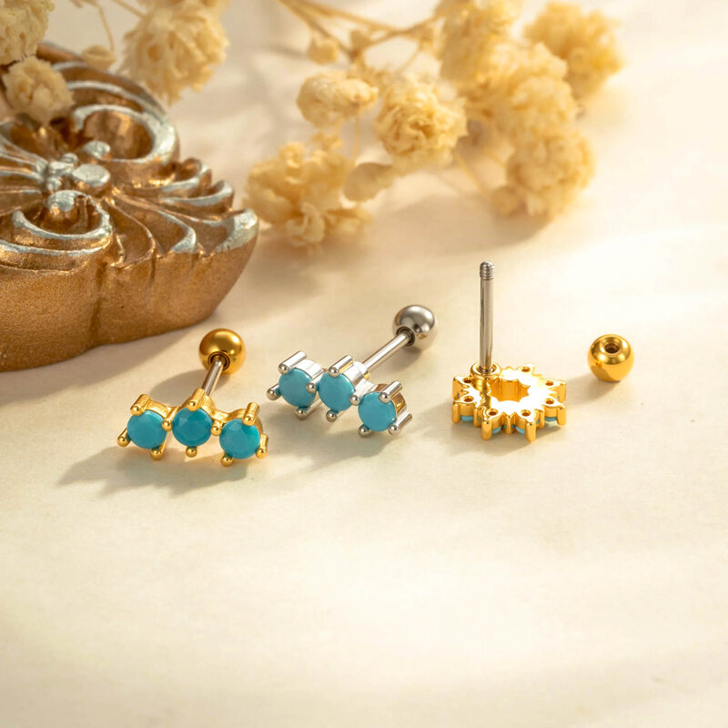 Flower Copper Gold Color Blue Artificial Gemstone Women's Piercing Earrings thumbnail 4