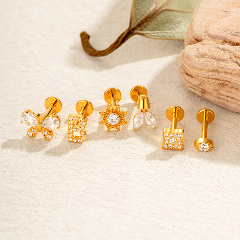 Letter Titanium Alloy Gold Color Zircon Women's Piercing Earrings thumbnail 5