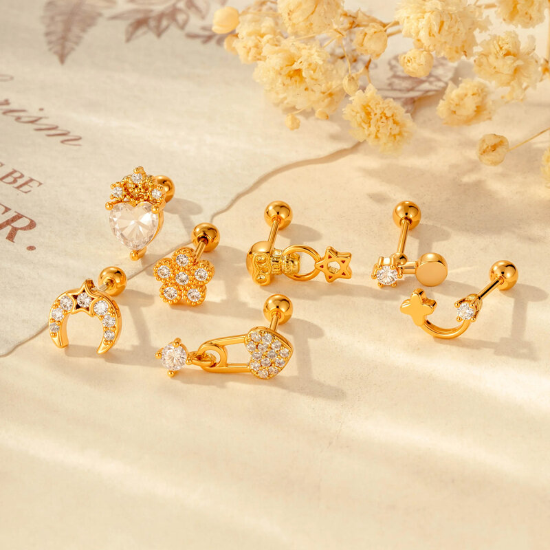 Shining Moon Copper Gold Color Zircon Women's Piercing Earrings thumbnail 4