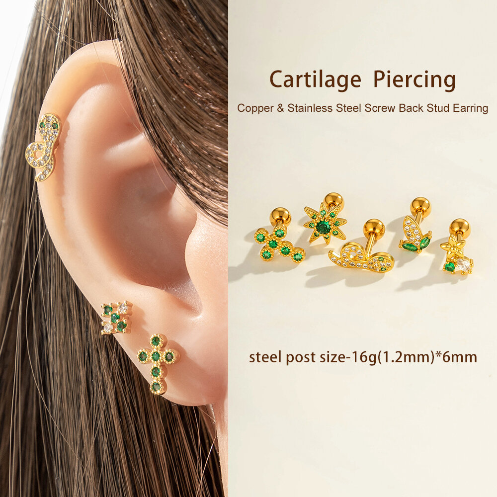 Green Zircon Snake Copper Gold Color Women's Piercing Earrings thumbnail 5