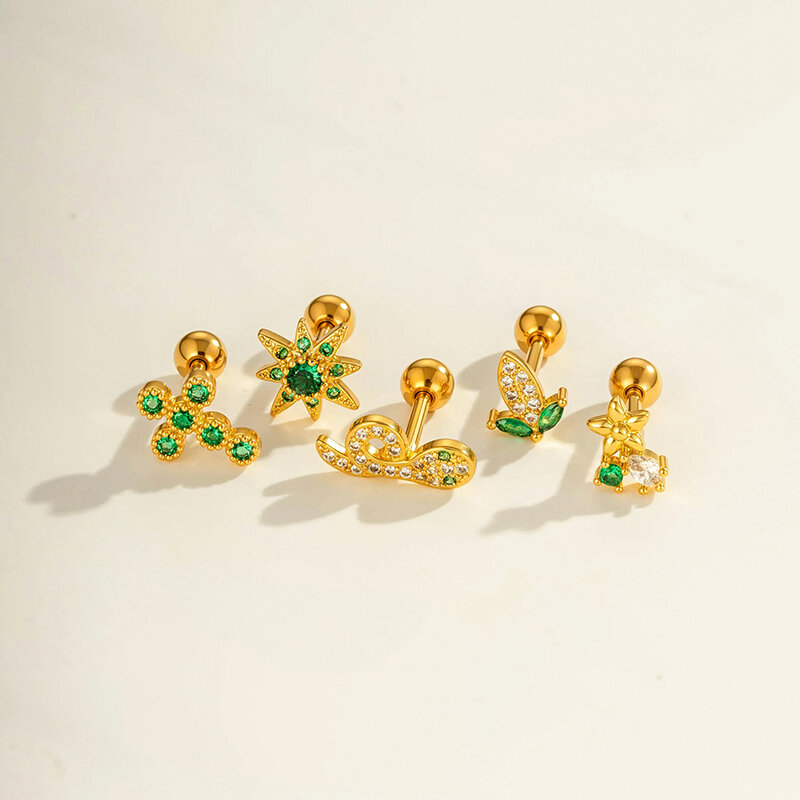 Green Zircon Snake Copper Gold Color Women's Piercing Earrings thumbnail 4