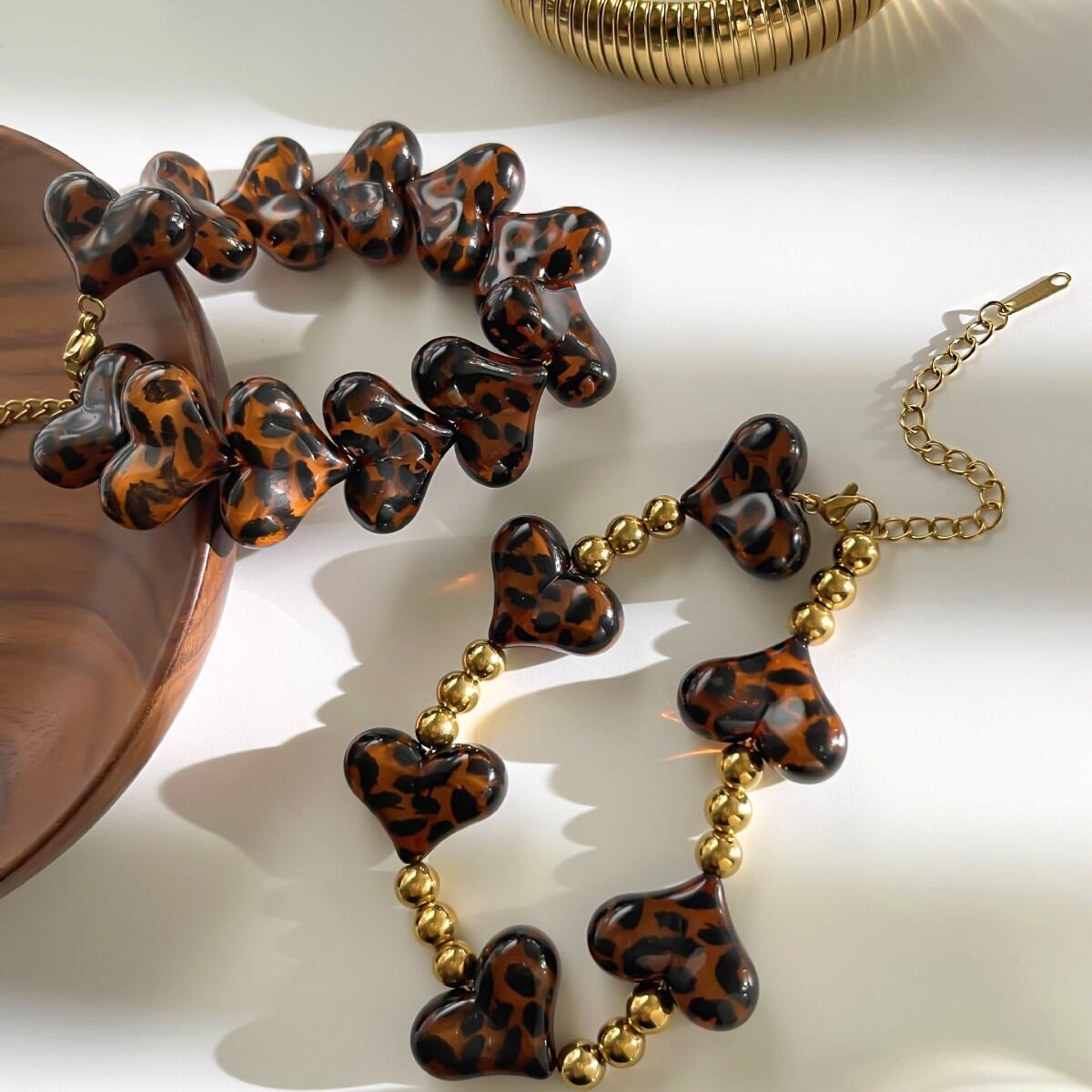 Leopard Heart Resin Beads Gold Color Bracelet 2