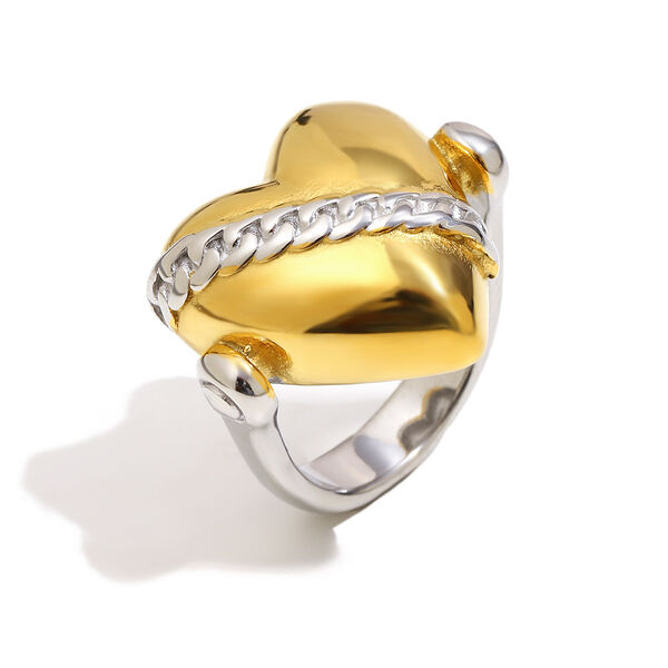 Heart Shape Gold and Silver Color Stainless Steel Waterproof Statement Ring - 1