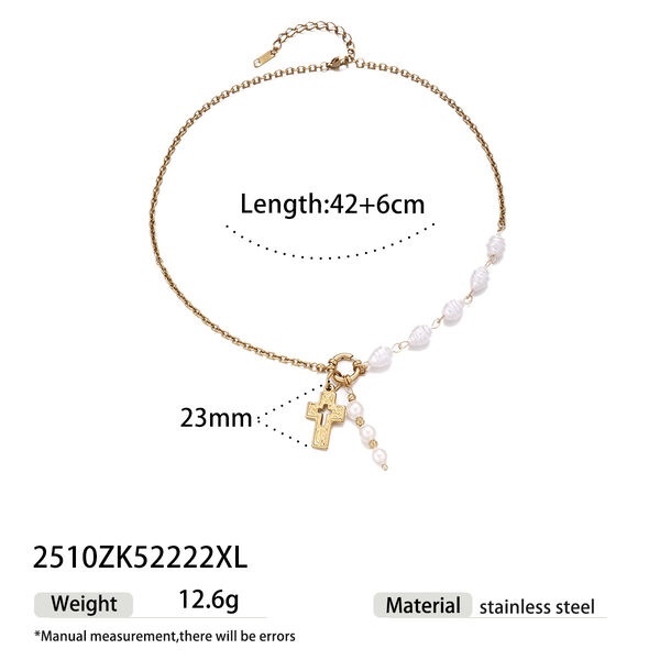 Cross Shape Stainless Steel Waterproof Mixed Color Artificial Pearl Pendant Necklace - 1