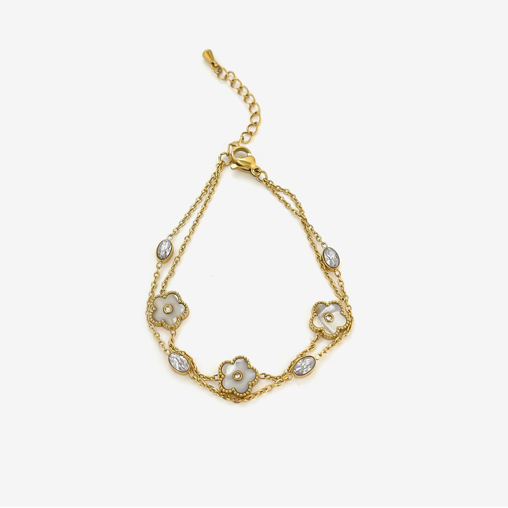 Stainless Steel Waterproof Flower Shape Gold Color Rhinestone Bracelet