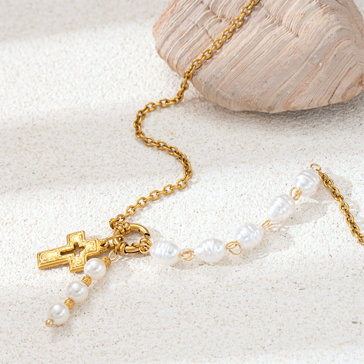 Cross Shape Stainless Steel Waterproof Mixed Color Artificial Pearl Pendant Necklace thumbnail 3