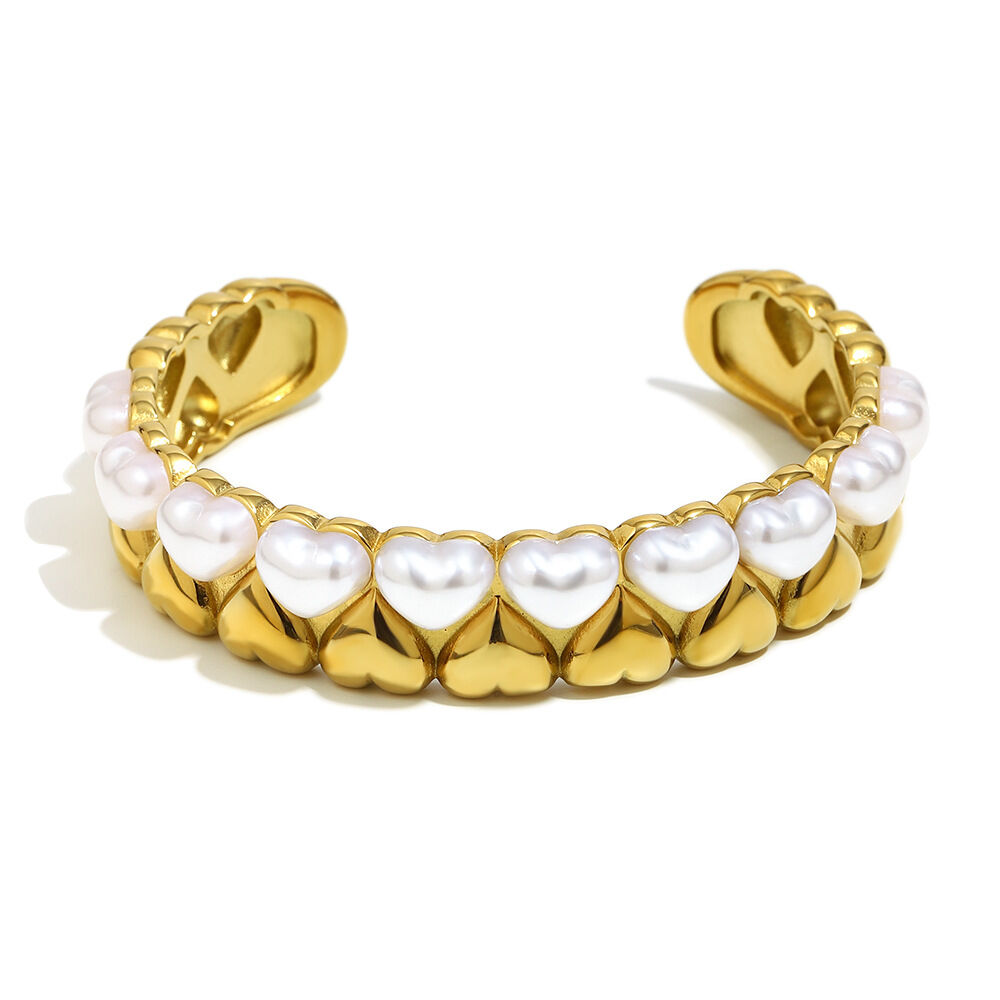 Heart Shape Stainless Steel Waterproof Gold Color Cuff Bracelet thumbnail 1