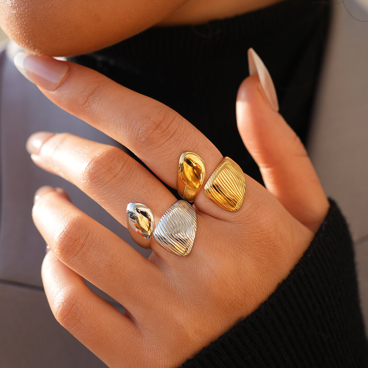 Retro Pleated Texture  Waterproof  Gold Color  Stainless Steel Women's Ring thumbnail 5
