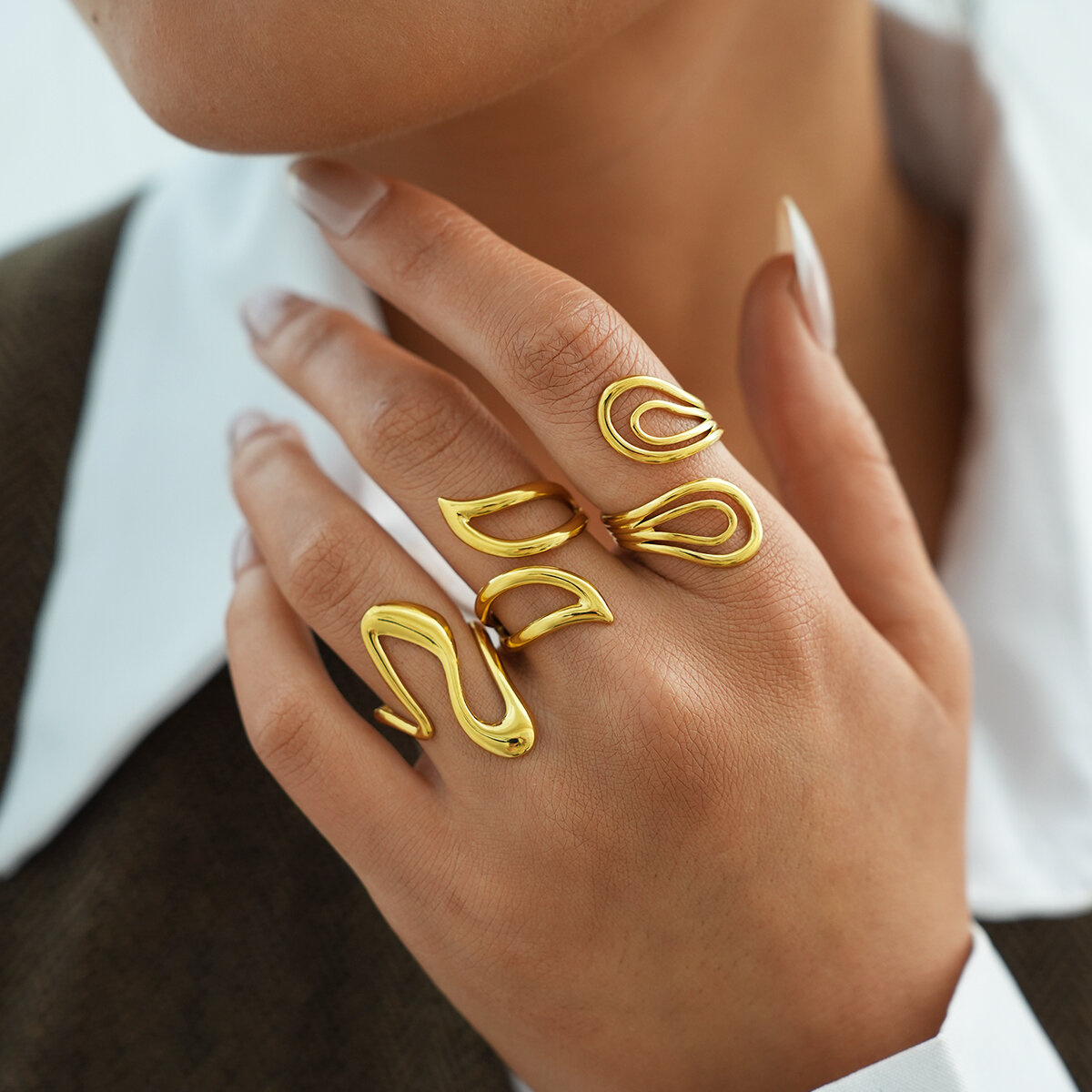 Simple Series Daily Irregular Shape Lines Stainless Steel Waterproof   Gold Color  Ring thumbnail 4