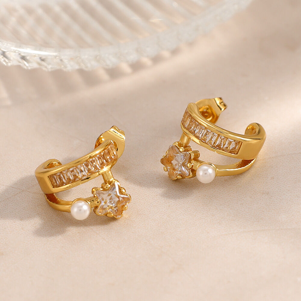 Simple Star Stainless Steel Waterproof Gold Color Zircon Women's Hoop Earrings thumbnail 3