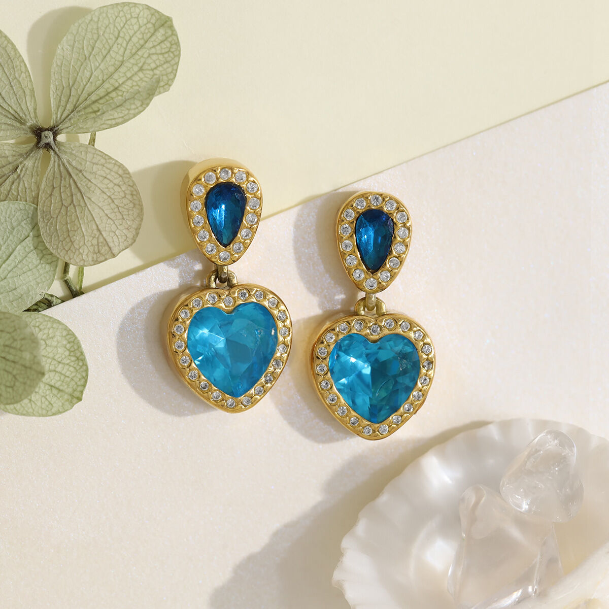 Simple Heart Stainless Steel Waterproof Gold Color Crystal Women's Drop Earrings thumbnail 3