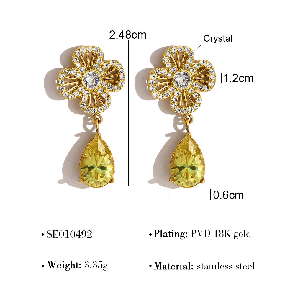 Elegant Flower Stainless Steel Waterproof Gold Color Crystal Women's Drop Earrings thumbnail 1