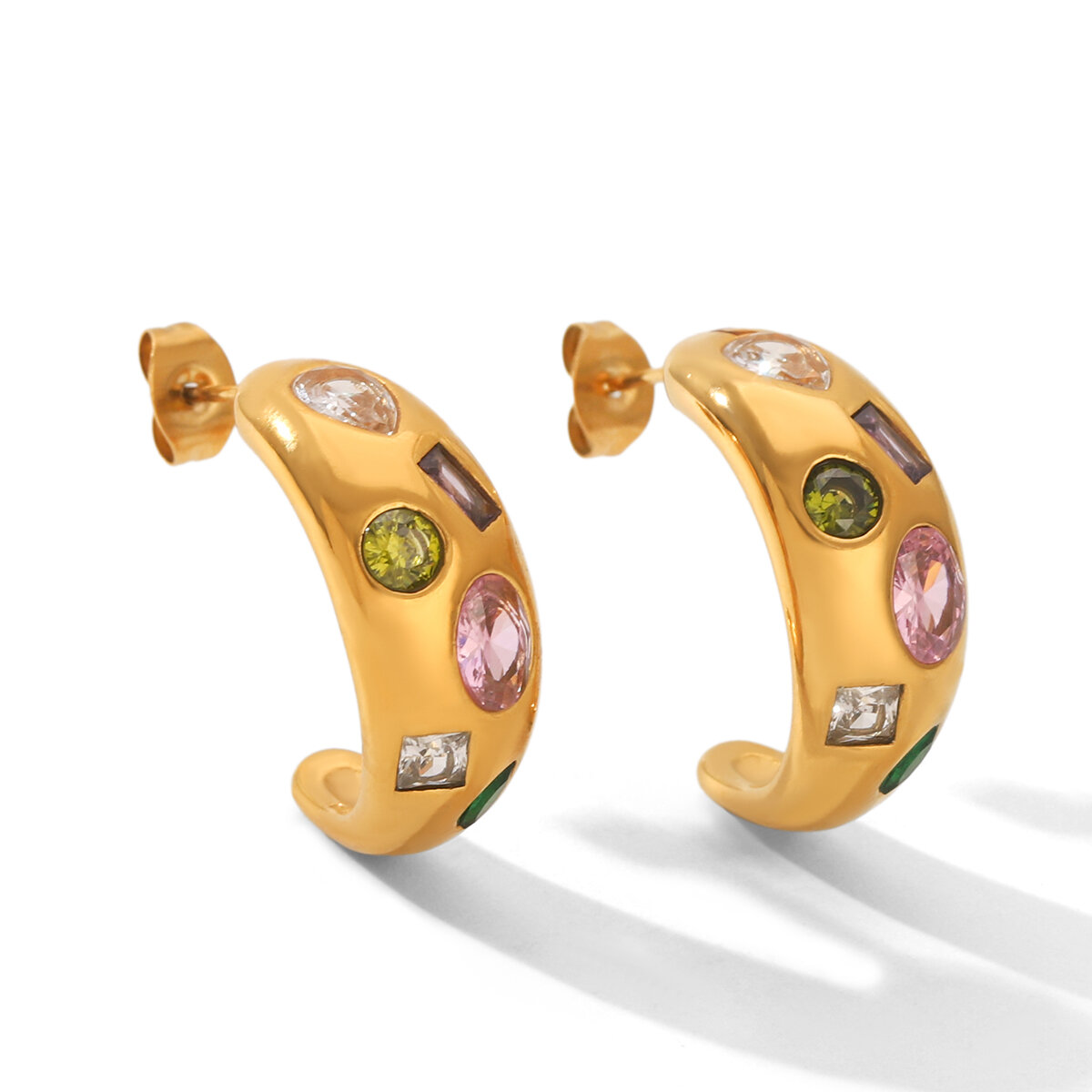 Daily Stainless Steel Waterproof Gold Color Zircon Women's Stud Earrings