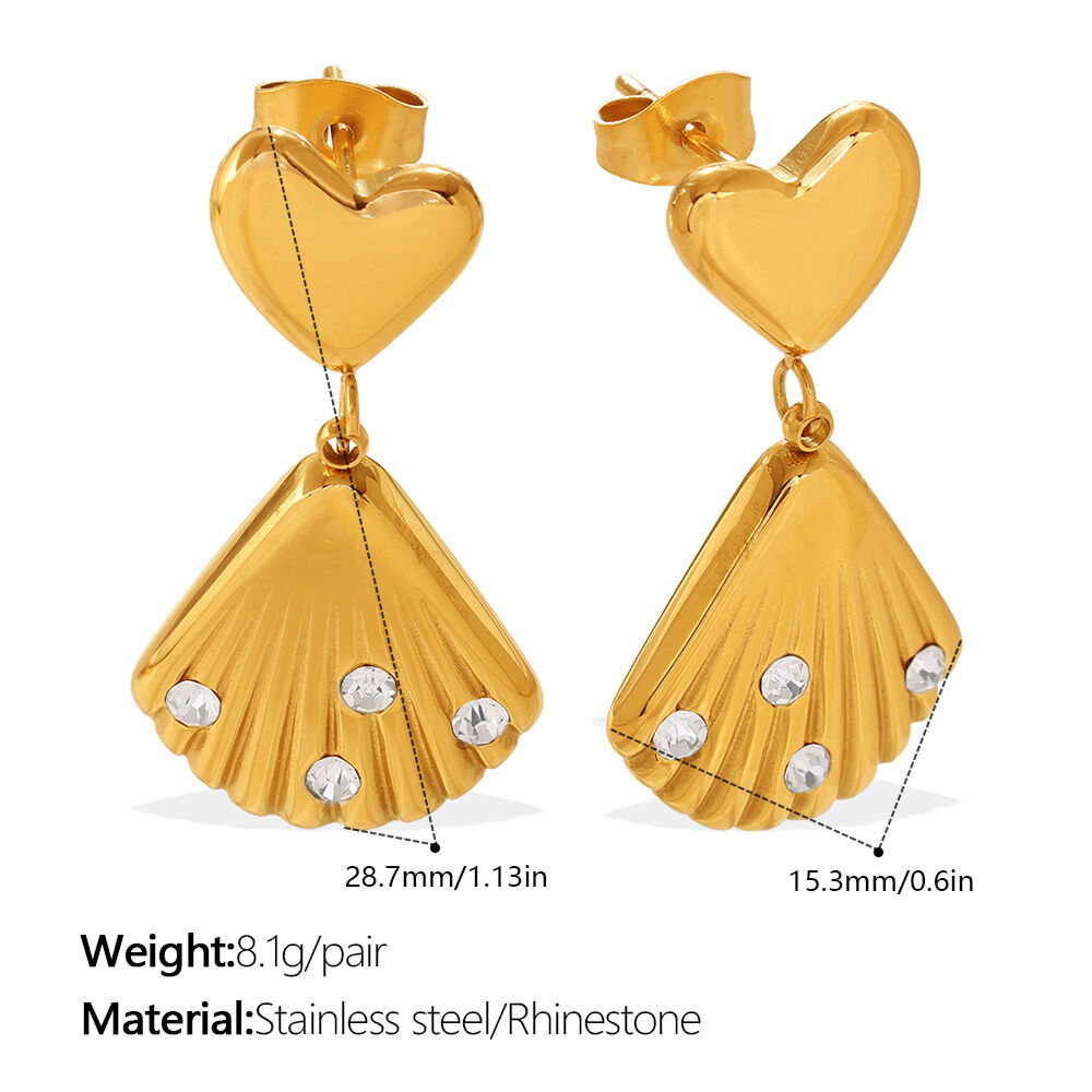 Heart Shell Stainless Steel Waterproof Gold Color Rhinestone Women's Drop Earrings