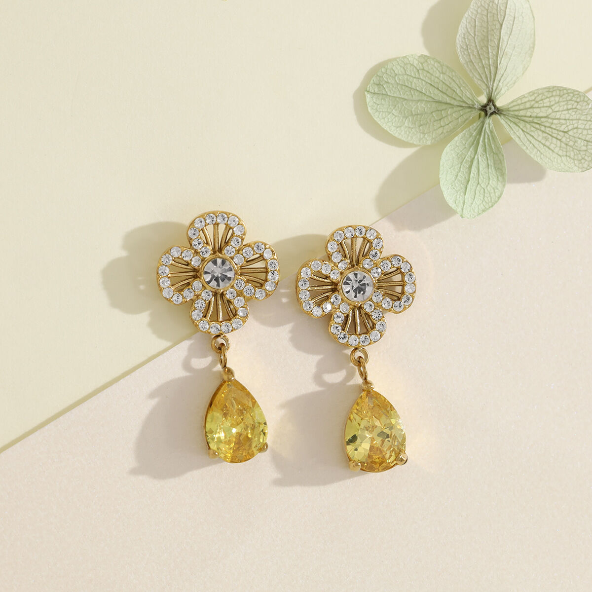 Elegant Flower Stainless Steel Waterproof Gold Color Crystal Women's Drop Earrings thumbnail 4