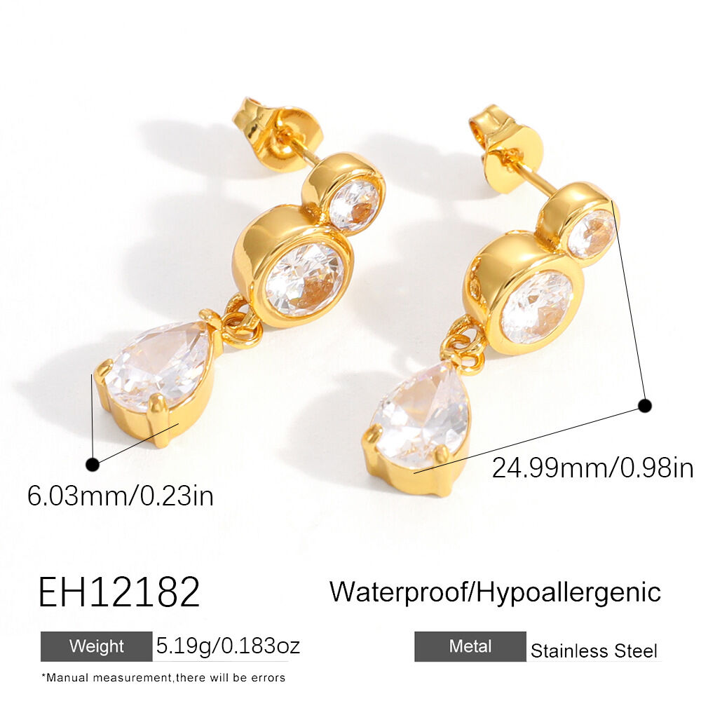 Simple Droplet Circle Stainless Steel Waterproof Gold Color Zircon Women's Hoop Earrings - 1