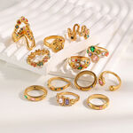 Luxurious Retro Irregular Shape Stainless Steel Waterproof Gold Color Rhinestone Statement Rings thumbnail 3