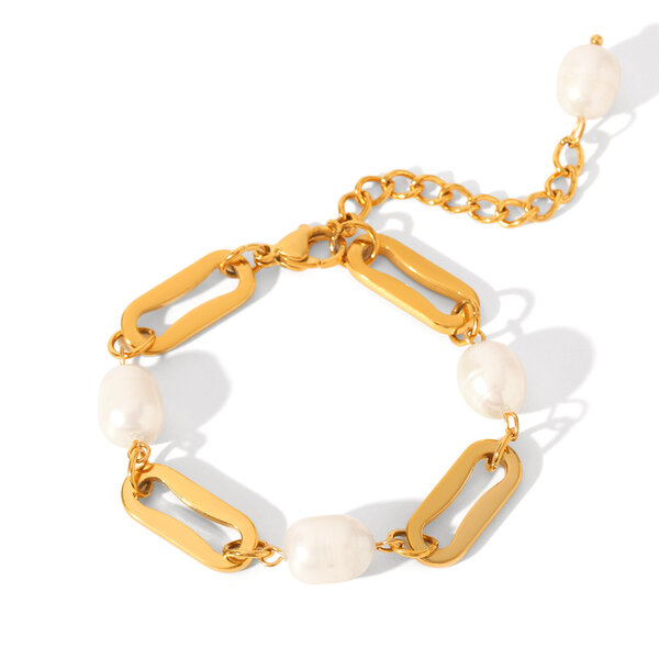 Elegant Stainless Steel Waterproof Gold Color Women's Pearl Beaded Bracelets - 1