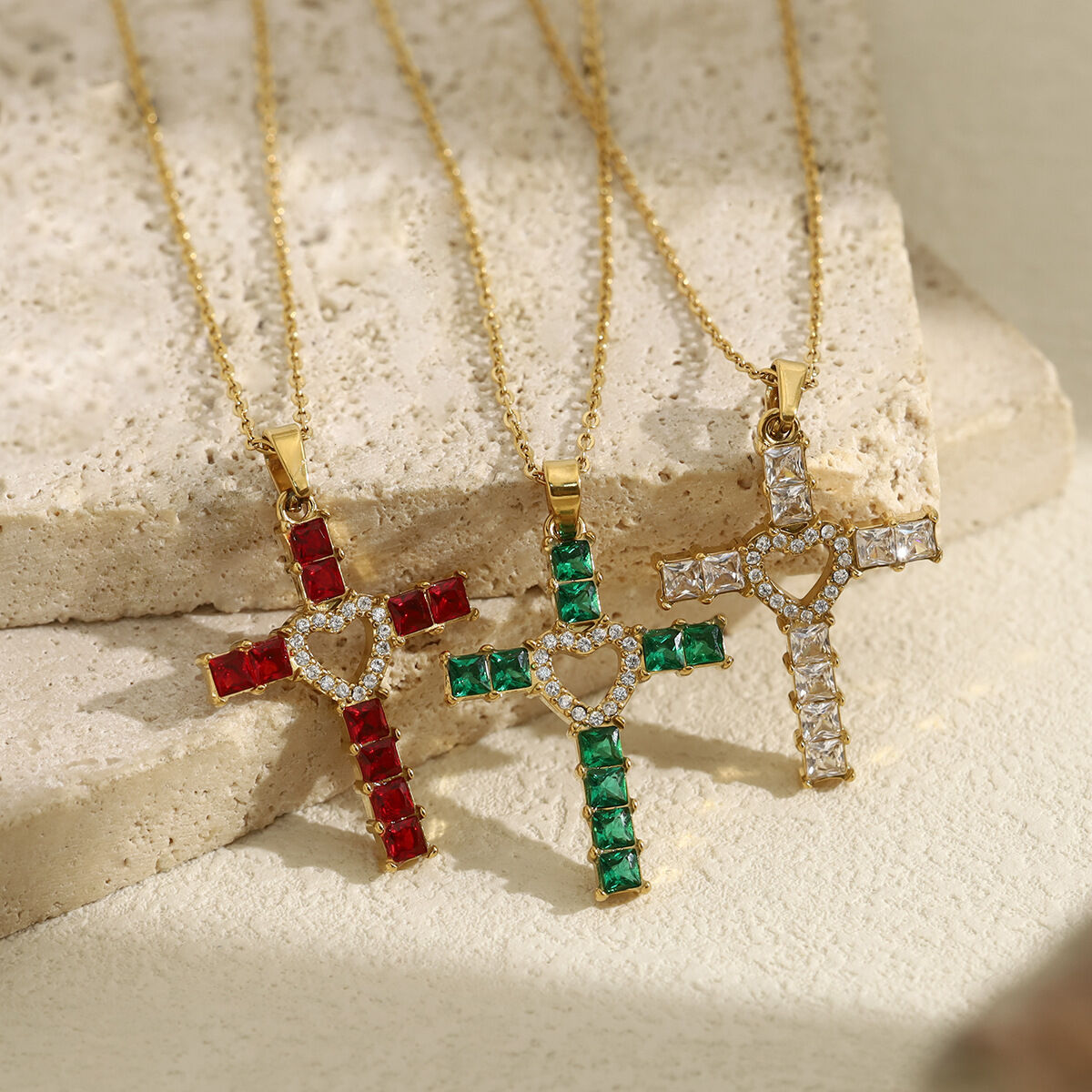Retro Cross Shape Stainless Steel Waterproof Waterrproof Gold Color Zircon Women's Pendant Necklaces thumbnail 3
