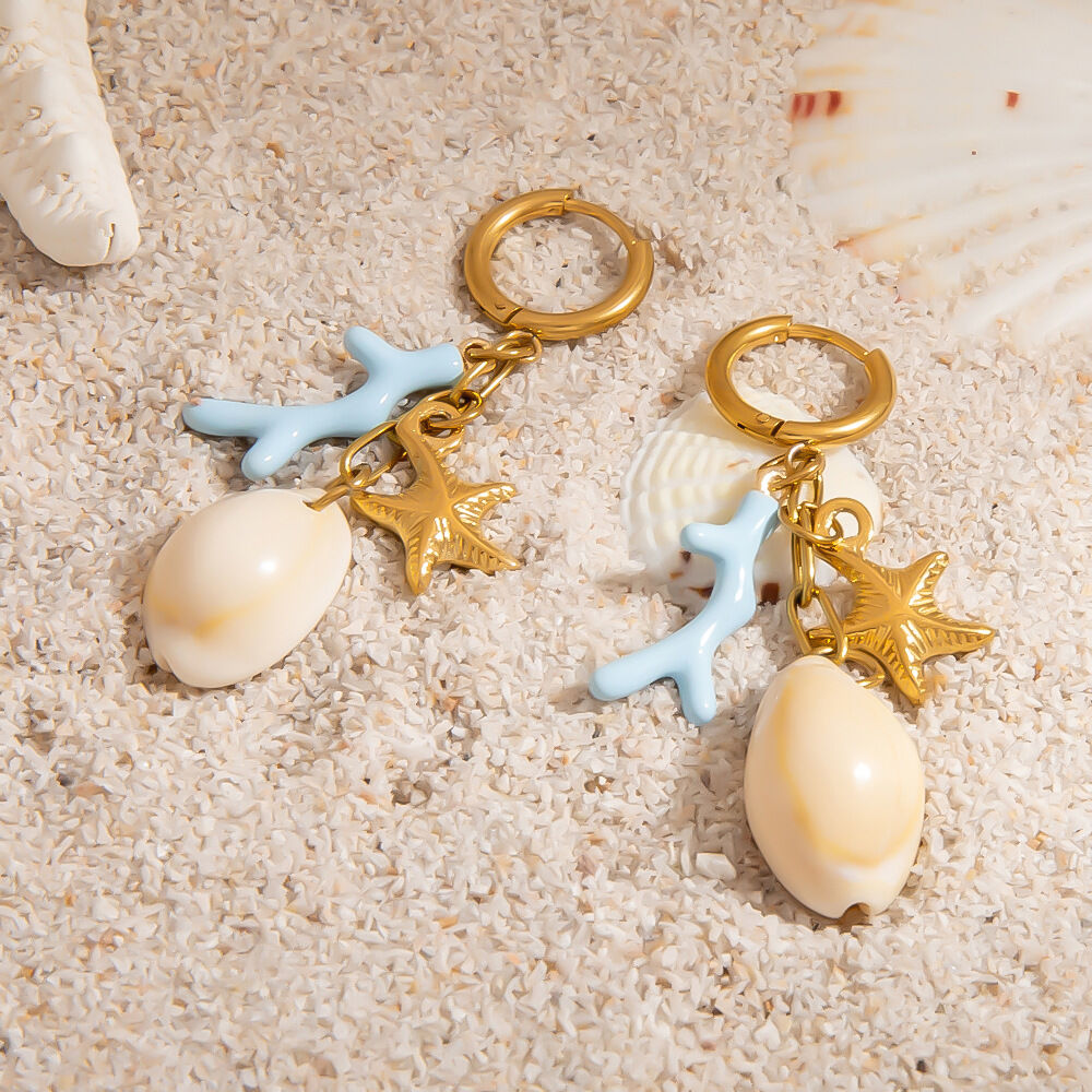 Vacation Starfish Shape Stainless Steel Waterproof Gold Color Shell Women's Drop Earrings thumbnail 2