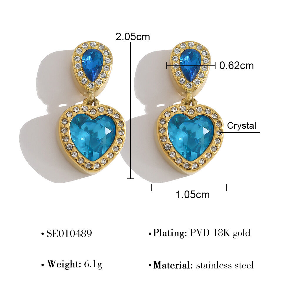 Simple Heart Stainless Steel Waterproof Gold Color Crystal Women's Drop Earrings thumbnail 1