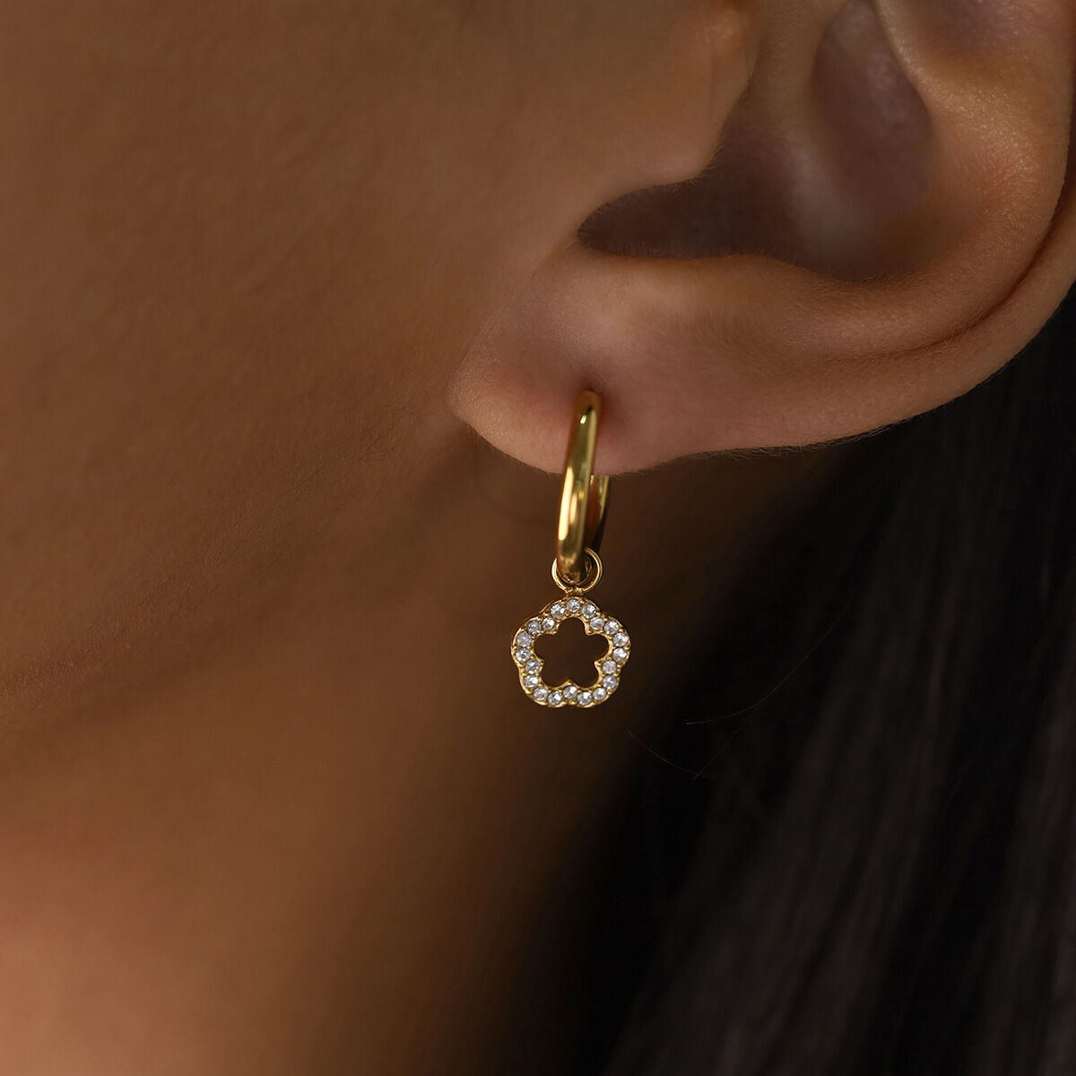 Sweet Flower Stainless Steel Waterproof Gold Color Rhinestone Women's Drop Earrings thumbnail 2