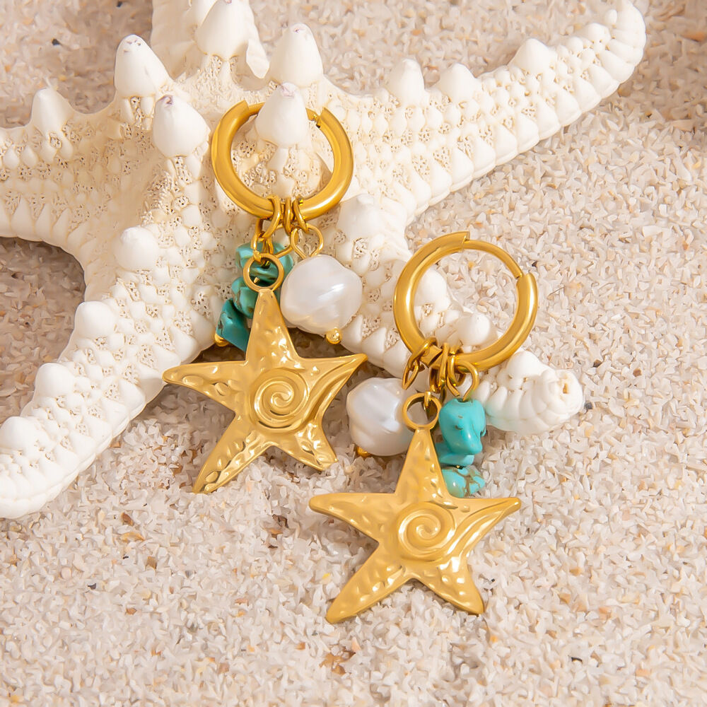 Vacation Starfish Shape Stainless Steel Waterproof Gold Color Shell Women's Drop Earrings thumbnail 4