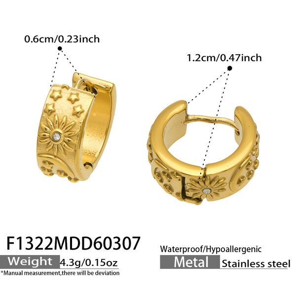 Elegant Sun Star Moon Stainless Steel Gold Color Zircon Women's Hoop Earrings - 1
