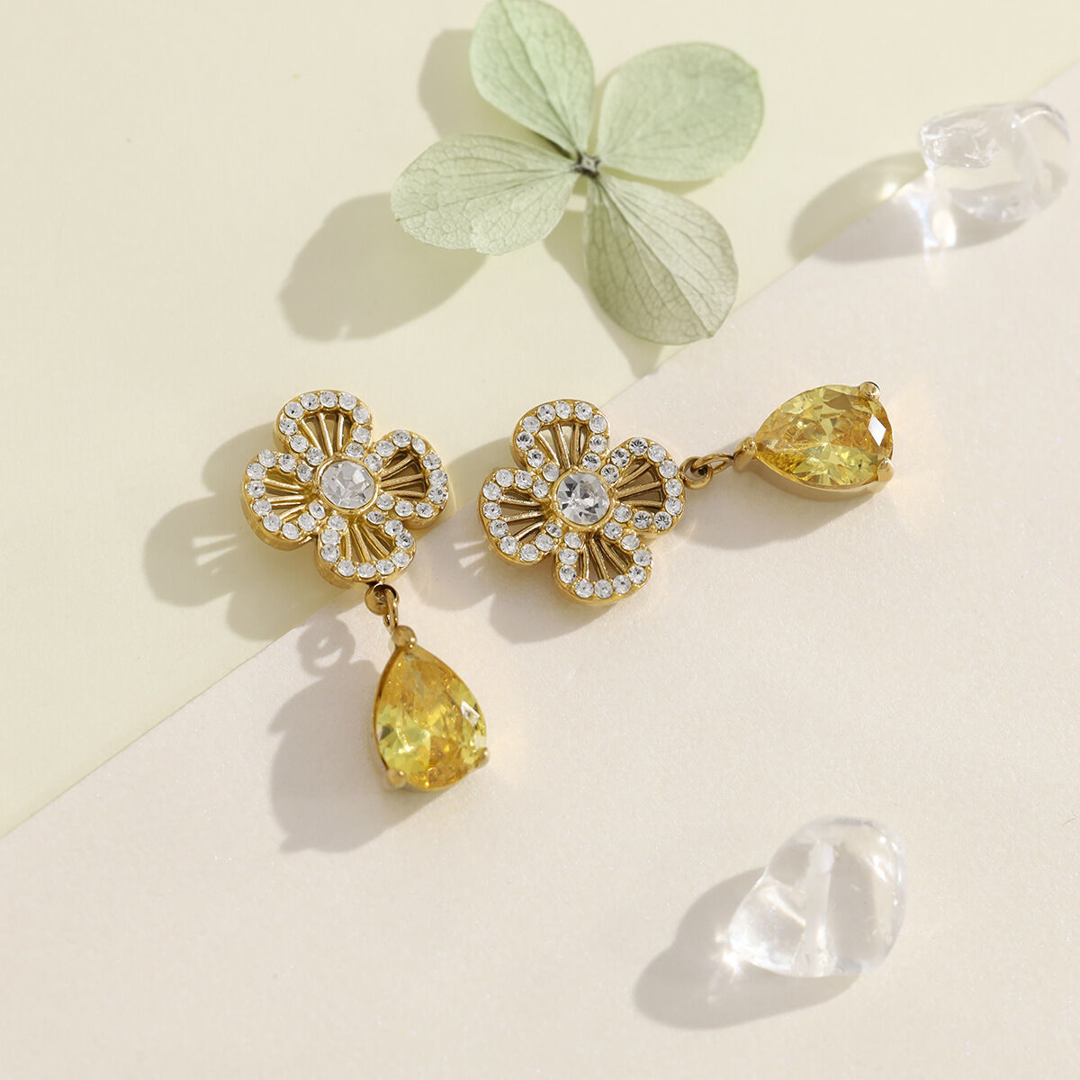 Elegant Flower Stainless Steel Waterproof Gold Color Crystal Women's Drop Earrings thumbnail 3