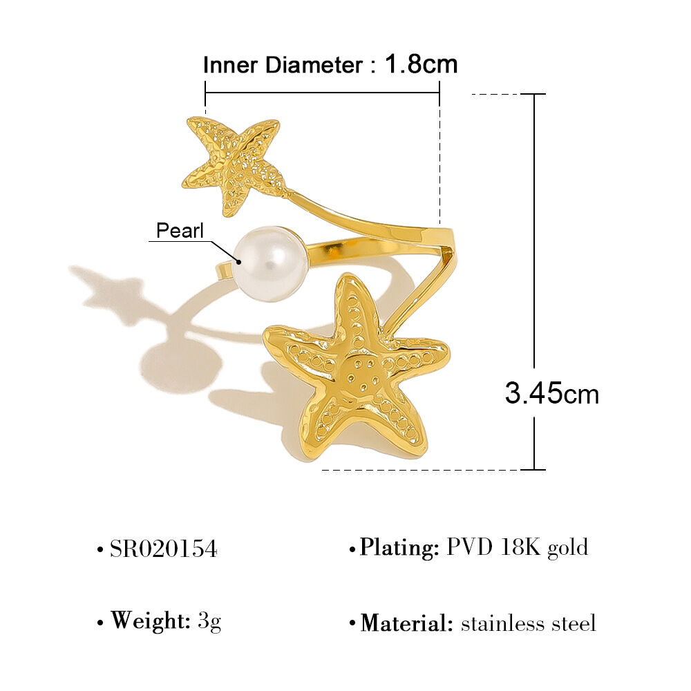 Vacation Starfish Stainless Steel Waterproof Gold Color Rhinestone Pearl Statement Rings