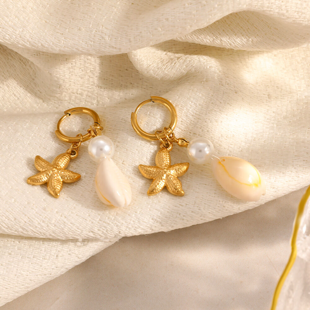 Simple Starfish Shape Stainless Steel Waterproof Gold Color Shell Women's Drop Earrings thumbnail 3
