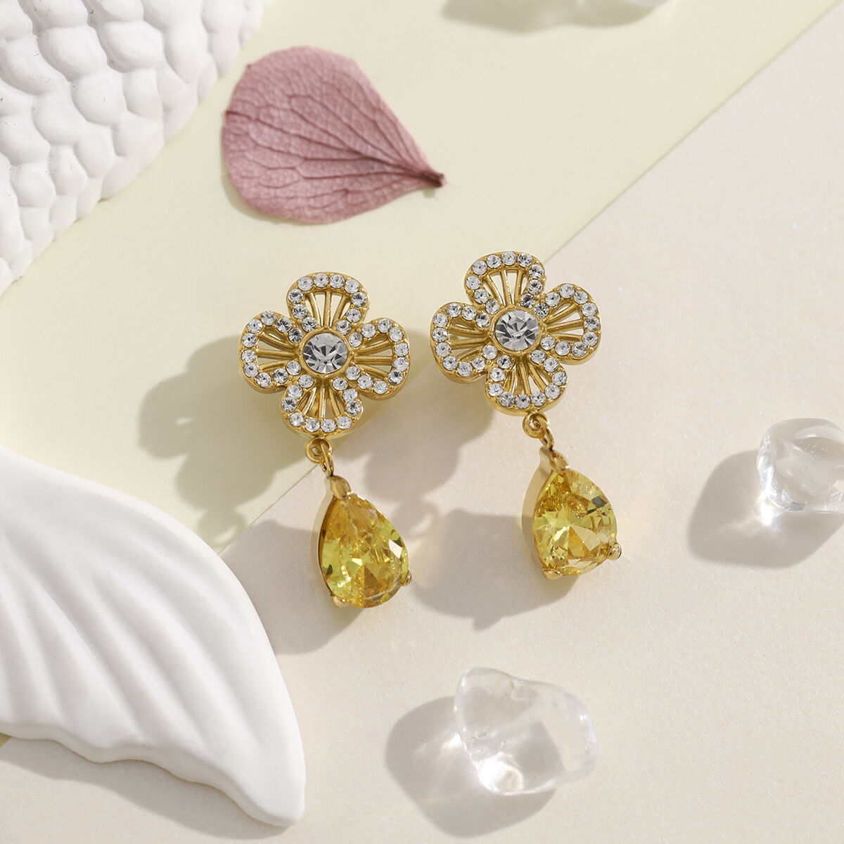 Elegant Flower Stainless Steel Waterproof Gold Color Crystal Women's Drop Earrings thumbnail 2