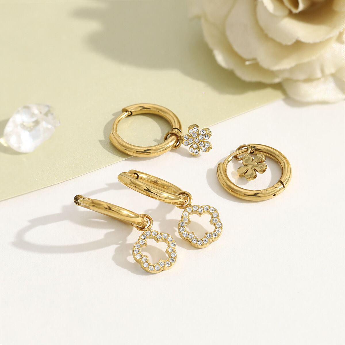 Sweet Flower Stainless Steel Waterproof Gold Color Rhinestone Women's Drop Earrings thumbnail 4