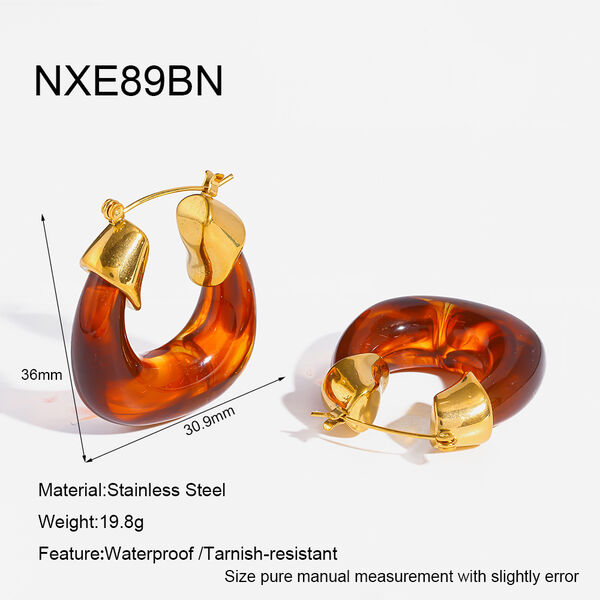 Retro Resin Stainless Steel Waterproof Gold Color Women's Hoop Earrings - 1