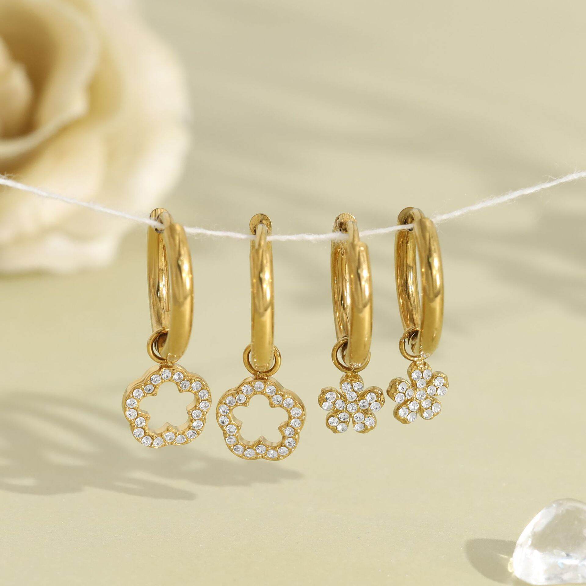 Sweet Flower Stainless Steel Waterproof Gold Color Rhinestone Women's Drop Earrings thumbnail 3