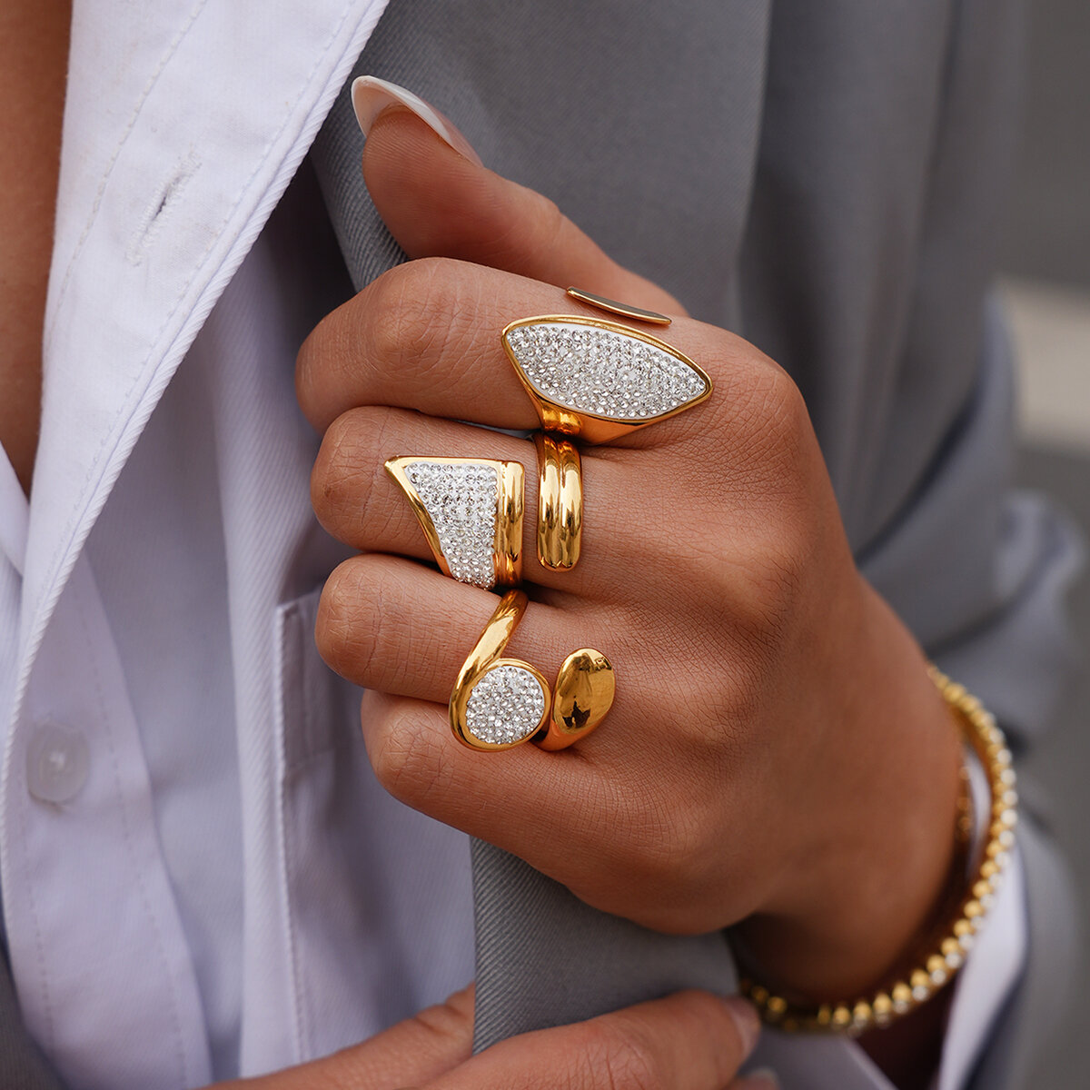Simple Daily Irregular Shape Stainless Steel Waterproof Gold Color Rhinestone Statement Rings thumbnail 4